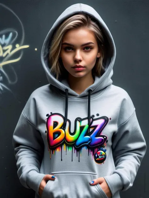 "SEND BUZZ" text logo <lora:Harrlogos_v2.0:0.85> ral-oilspill graffiti thick black outlines, calygraphic wildstyle ral-oilspill bombing, thick lines <lora:ral-oilspill-sdxl:0.6> a cute german girl wearing a hoodie, looking at viewer