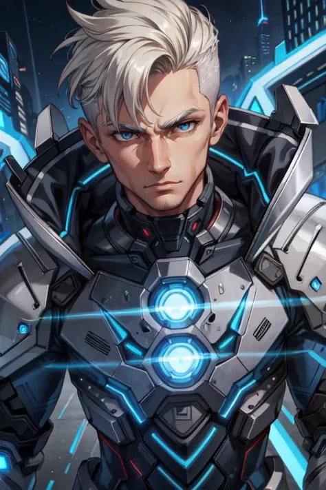 a man in a futuristic suit with blue eyes and a sword