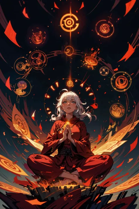 a woman sitting in a lotus position surrounded by fire and flames