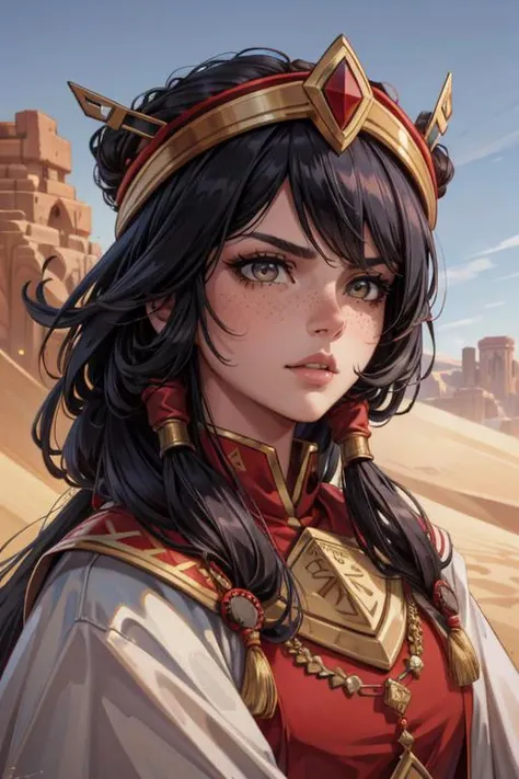 a woman in a red and gold outfit standing in front of a desert