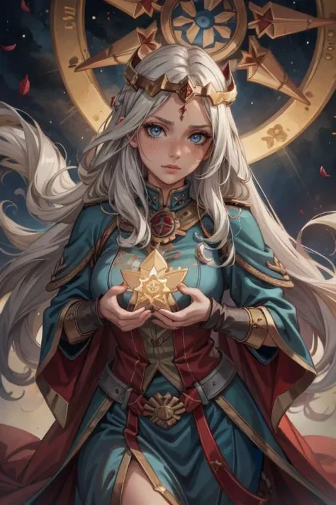 a woman with long white hair and a crown holding a star