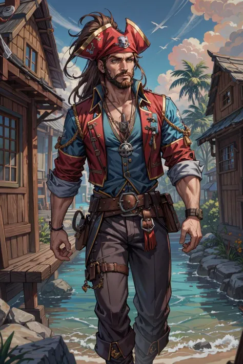 a man in pirate costume walking down a path near a river