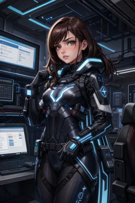 a woman in a futuristic suit standing in front of a computer