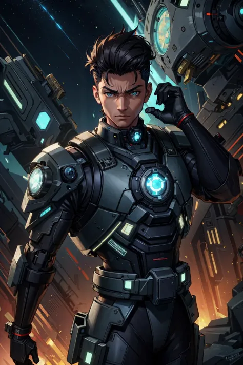 a close up of a person in a sci - fiction suit with a sci - fiction background