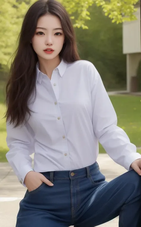 a woman in a white shirt and blue jeans posing for a picture