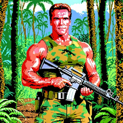 dosegagfx style, picture of arnold schwarzenegger holding an m16, combat gear, camouflage, portrait, jungle background,
 <lora:dosegagfxSDXLv3_2:1>