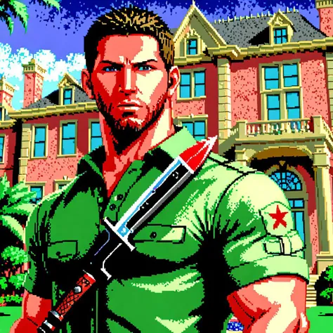 dosegagfx style, picture of chris redfield holding a combat knife, portrait, mansion background,
 <lora:dosegagfxSDXLv3_2:1>