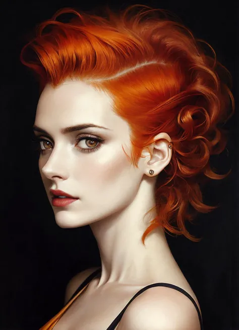 portrait of sks woman by Flora Borsi, style by Flora Borsi, bold, bright colours, orange Mohawk haircut, ((Flora Borsi)), <lora:locon_winonaryder_v1_from_v1_64_32:1>