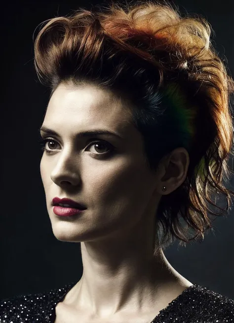 portrait of sks woman by Flora Borsi, style by Flora Borsi, bold, bright colours, rainbow Mohawk haircut, ((Flora Borsi)), <lora:locon_winonaryder_v1_from_v1_64_32:1>