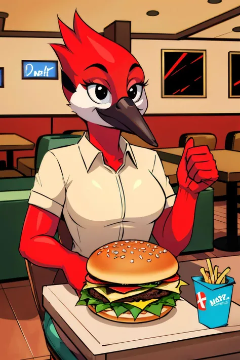 MargaretSmith, bird girl, beak,talons,winged arms,red feathers,red skin,black eyes, beige shirt, collared shirt,looking at viewer, smiling, sitting, upper body shot, behind a table, inside fast food restaurant, table full of food, hamburgers, high quality,...