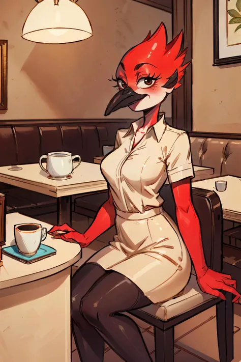 MargaretSmith, bird girl, beak, talons,winged arms, bird legs,red feathers,red skin,black eyes, beige shirt, collared shirt, beige skirt, looking at viewer, smiling, happy, sitting, on chair, behind table, coffee mug, inside cafe, table, soft lighting, hig...