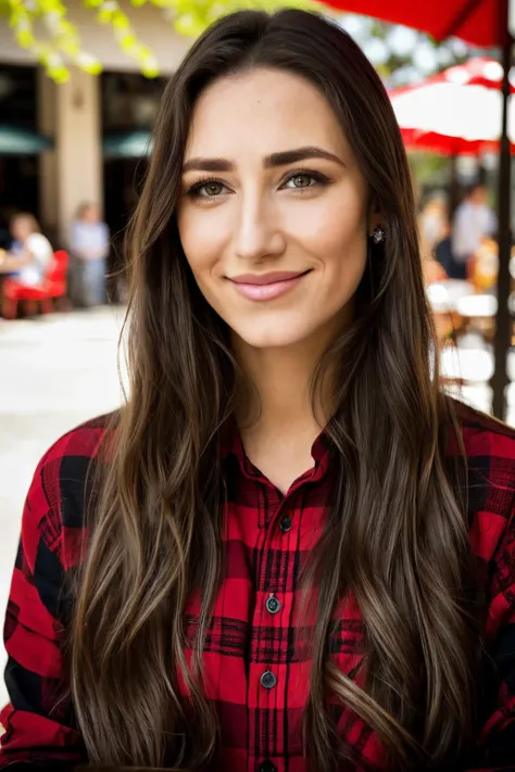 kak piercing eyes, looking straight, very happy,long hair, wearing an black and red checkered long sleeve shirt,  closeup portrait, in a outdoor cafe in 2015, afternoon light <lora:KamillaKowal-RealVision-V1.0:1>