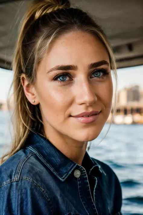 RAW, real photo portrait, kak, on a boat, (wearing a denim shirt), pretty face, insanely detailed eyes, light blonde hair, high ponytail, bokeh, natural light, depth of field, golden hour, sharp focus,<lora:KamillaKowal-RealVision-V1.0:1>