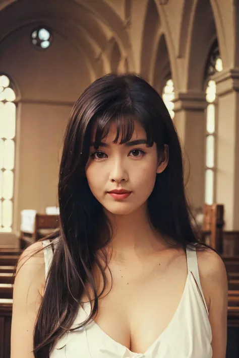 masterpiece, best quality, highres, absurdres, 1girl, solo,  realistic,photoshop (medium),chenxiaoyun,long hair,black hair,looking at viewer,  SWSD, FLWR, NOFLWR, inside church, cleavage,