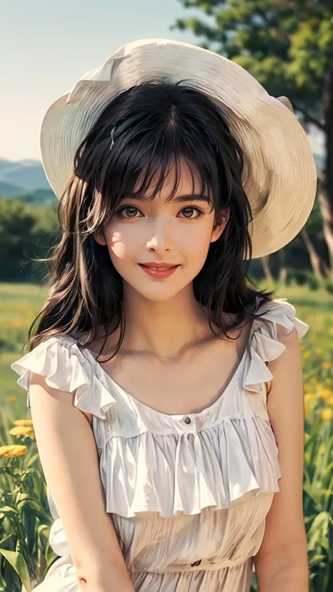 a close up of a woman wearing a hat and dress