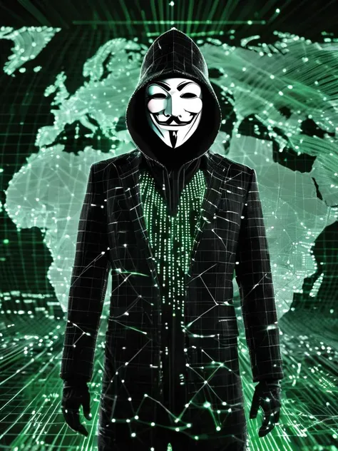 dataviz style, black and white network data visualization in the shape of a hacker wearing Guy Fawkes masks, The background is a world map, anonymous, green tones, stars <lora:Data_Visualization_v1.0:1>