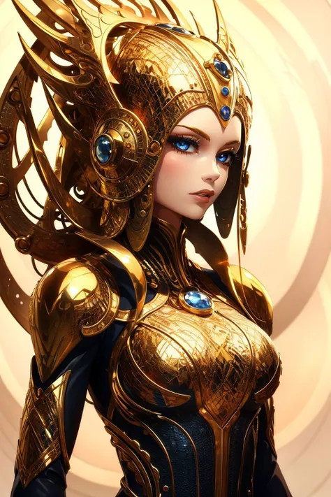 a close up of a woman in a gold armor with blue eyes