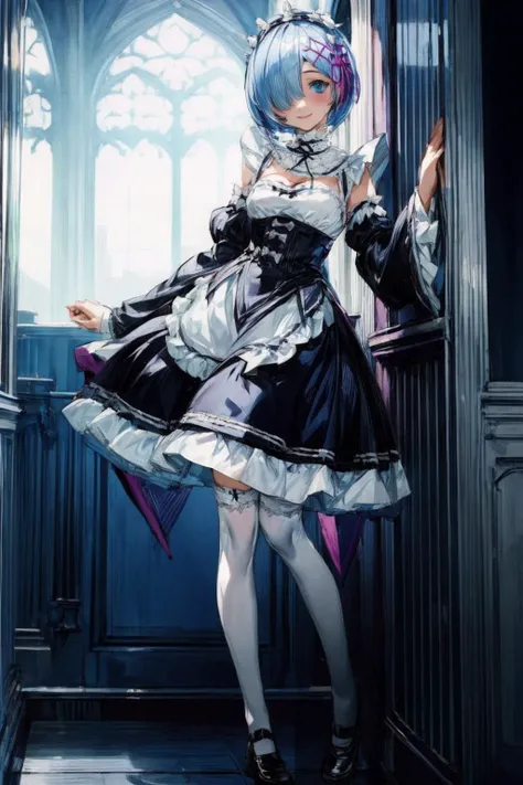 (masterpiece, top quality, best quality, official art, beautiful and aesthetic:1.2),  R_E_M, 1girl, solo, smile, looking at viewer,(beautiful face) , short blue hair, blue eyes, hair over one eye, hair ornament, pink hair ribbon, rems maid uniform, detache...