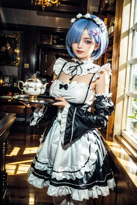 a close up of a woman in a maid outfit holding a tray