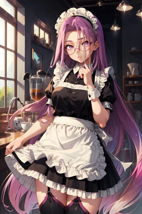 masterpiece,best quality,1girl,MedCas,purple hair,very long hair,purple eyes,glasses,pants,sweater,gradient,frills,apron,black dress,white thighhighs,puffy short sleeves,parted bangs,maid,maid headdress,forehead,maid apron,cafe,<lora:Medusa:0.9>,