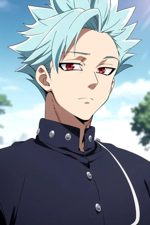 masterpiece, best quality, high quality, 1boy, solo, male focus, looking at viewer, upper body, depth of field, <lora:ban_nanatsu_no_taizai:0.70>, ban_nanatsu_no_taizai, spiked hair, red eyes, blue hair, , school uniform