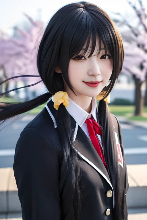 best quality, masterpiece, real,realistic, photo,photorealistic,cowboy shot, 
1girl, tokisaki kurumi, jkxf,
solo, red eyes, hair over one eye, black hair, long hair, twintails, school uniform, looking at viewer, smile,jacket, ribbon, hair ornament, grin, w...