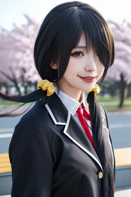 best quality, masterpiece, real,realistic, photo,photorealistic,cowboy shot, 
1girl, tokisaki kurumi, jkxf,
solo, red eyes,(hair over one eye), black hair, long hair, twintails, school uniform, looking at viewer, smile,jacket, ribbon, hair ornament, grin, ...