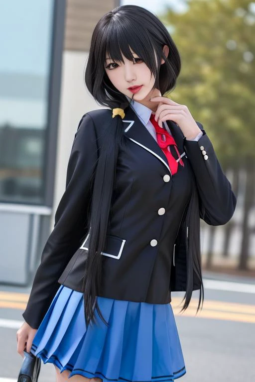 best quality, masterpiece, real,realistic, photo,photorealistic,cowboy shot, 
1girl, tokisaki kurumi, jkxf,
solo, skirt, black hair, long hair, school uniform, blue skirt, outdoors, jacket, bangs, pleated skirt, looking at viewer, ribbon, long sleeves, bro...