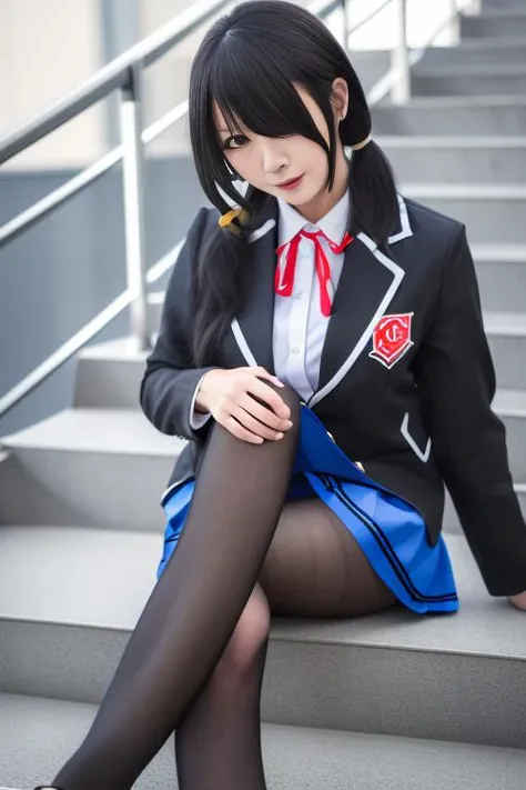 best quality, masterpiece, real,realistic, photo,photorealistic,cowboy shot, 
1girl, tokisaki kurumi, jkxf, solo, skirt, stairs, black hair, school uniform, hair over one eye, sitting, shoes, jacket, black footwear, pantyhose, loafers, thighhighs, crossed ...