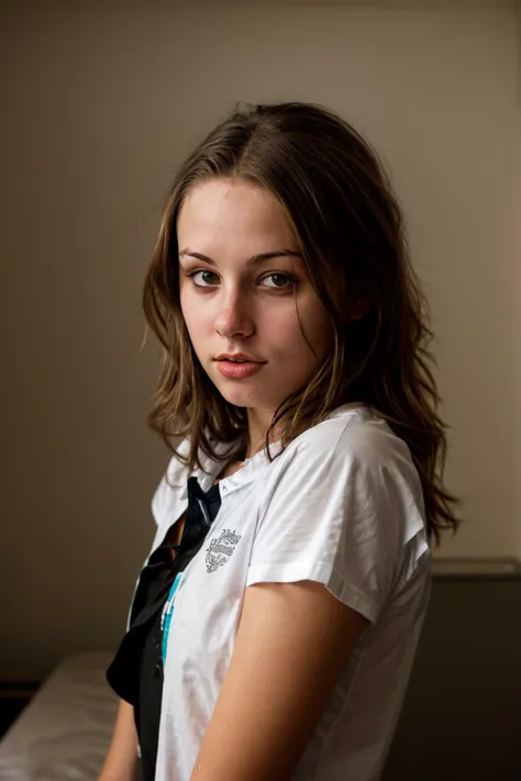 arafed young woman with a tie sitting on a bed