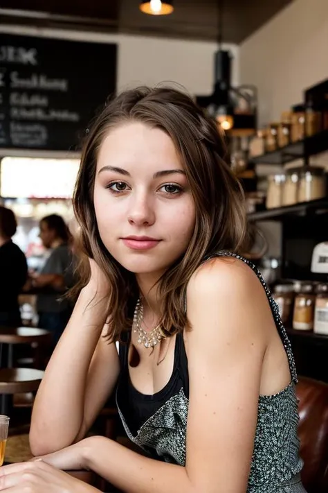 <lora:dayanna:0.8>, full color portrait of a young woman, having a coffee at a vintage cafe, natural light, raw photo, subject, ...