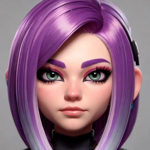 a close up of a doll with purple hair and green eyes