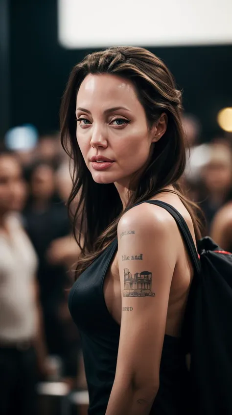 a woman with a tattoo on her arm standing in front of a crowd