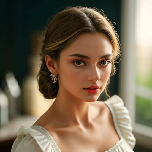 a close up of a woman in a white dress with a red lipstick