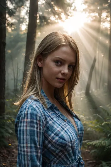 a woman in a plaid shirt standing in a forest with sunbeams