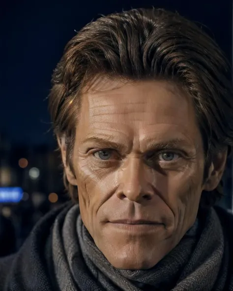 <lora:Willem_Dafoev1:0.6>, Willem Dafoe, solo, looking at viewer, closed mouth, close up shot, face detailed, scarf, suit, grey background, simple background, dark background,  kkw-ph1, <lora:more_details:0.5>, <lora:LowRA:1>