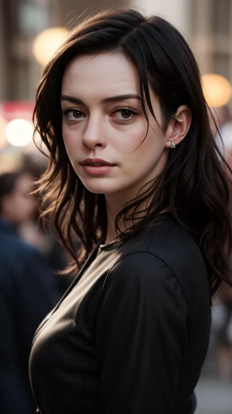 a close up of a woman with long hair and a black top