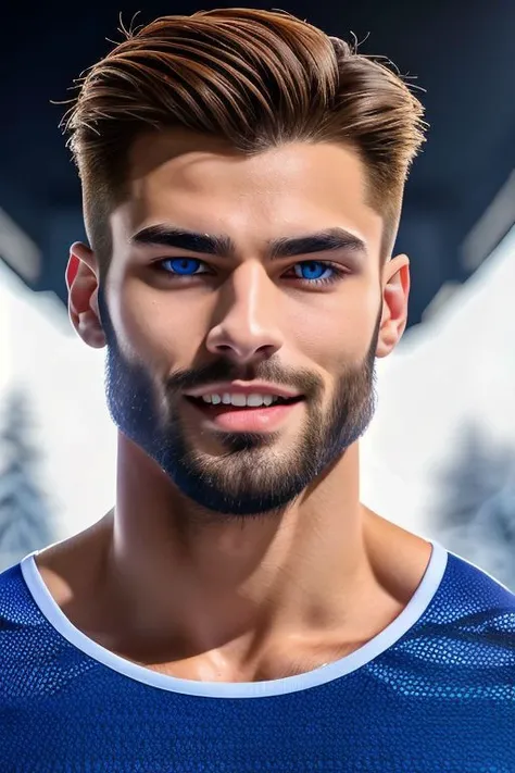 a man with a beard and blue eyes is smiling