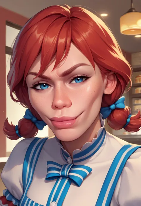 a close up of a woman with red hair and a blue bow tie