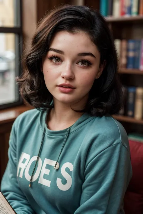 photo of (miaalves), a woman, perfect hair, award-winning photo, sfw, wearing (Sweatshirt, Track Pants), (A cozy, candlelit reading nook with overflowing bookshelves), 70mm, f/8, ((auto focus, color, DOF, Aperture, 8k uhd, dslr, cinematic lighting, insanel...