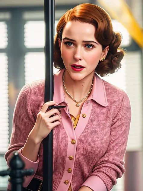 photo of (mrsmaisel:0.99) Wearing a pink collared shirt with a yellow cardigan and pearl necklace, detailed face, realistic skin, high quality, (brown eyes:1.1), Leica 50mm, f1. 4, natural light, grainy, (high detailed skin:1.2), high detail