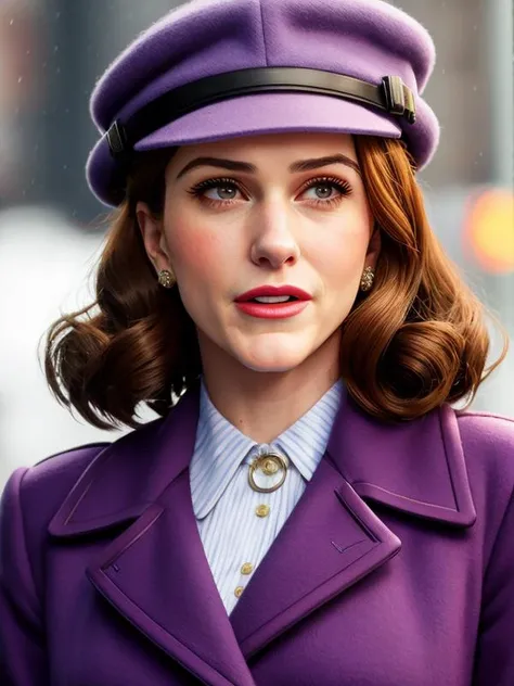 photo of (mrsmaisel:0.99) Wearing a lavender wool coat with a matching pillbox hat and white gloves, detailed face, realistic skin, high quality, (brown eyes:1.1), Leica 50mm, f1. 4, natural light, grainy, (high detailed skin:1.2), high detail