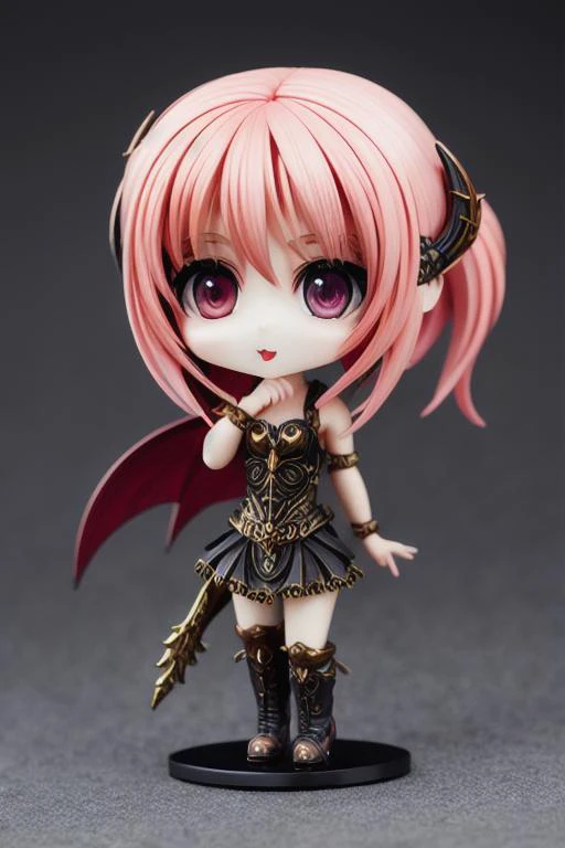 a doll with pink hair and a sword on a black base