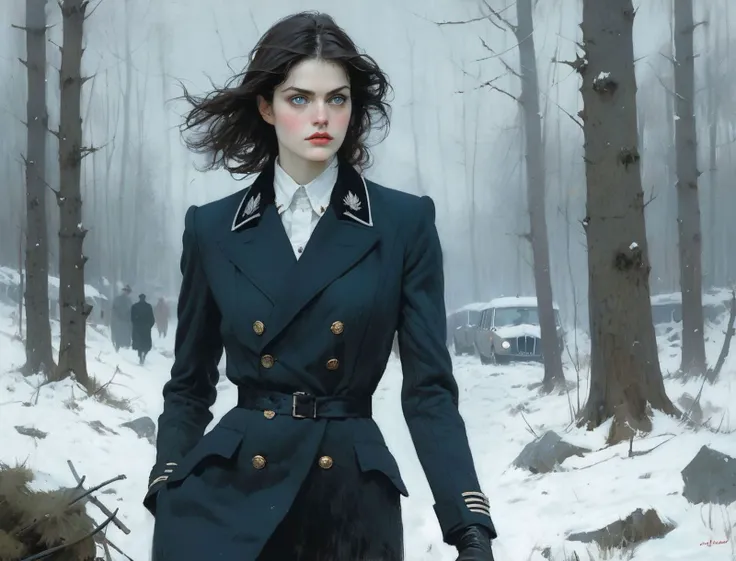 there is a woman in a blue coat and black gloves walking through the woods