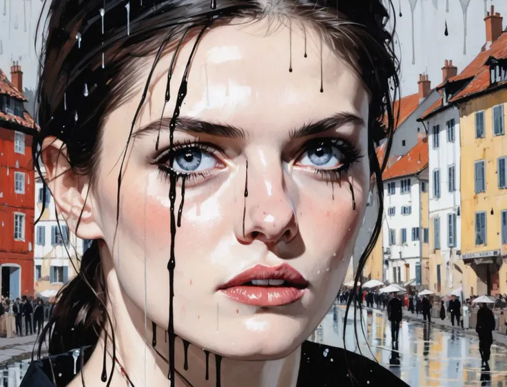 painting of a woman with tears on her face and a city street