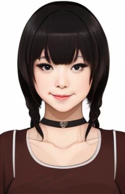 n anime-style portrait of a young Asian woman with a light brown complexion and slight bags under her eyes. She has a heart-shaped face with high cheekbones, a wide, straight nose, and a big smile with thick lips. Her eyes are deep blue, round, and positio...