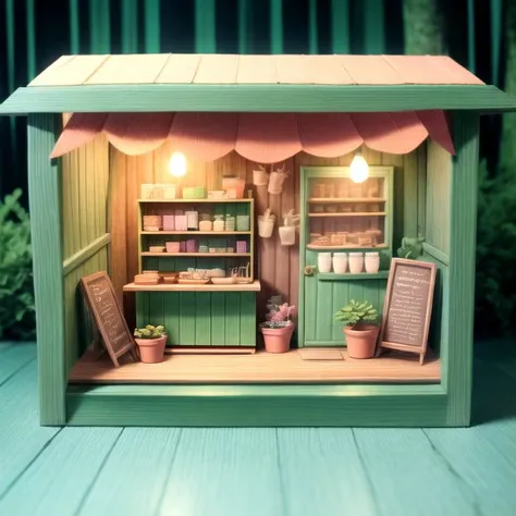 a small hut for selling things, paper doll style <lora:papercut:1.5> paper_cut, pastel colors, bright forest, cinematic lighting, stop motion, origami <lora:Add_detail:1.2> cute