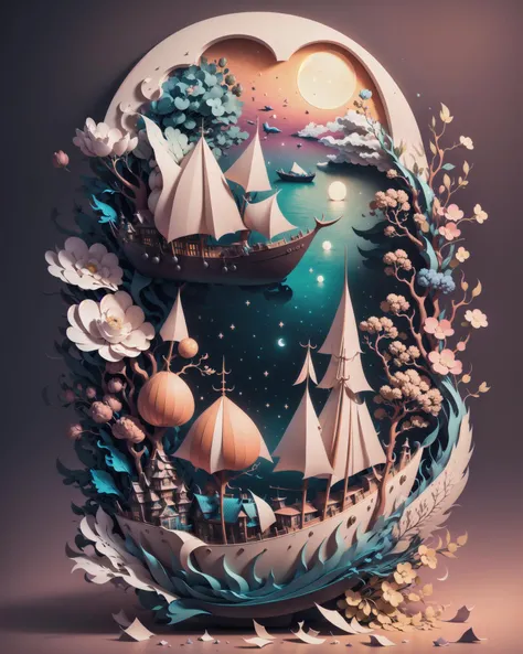 Softlight,(warm color:1.2),Water color painting,light background,best quality exquisite details,3d rendering,Octane render,pastel, Moon, boat, sea, storm,(paper_cut:1.15),<lora:shouban_01:0.2> <lora:KK_paperCut_v5:0.8>
