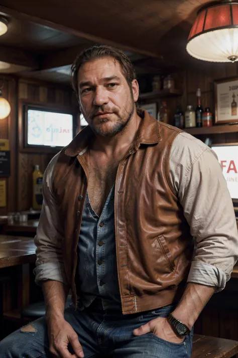 a portrait of n0ah_n0texist in a dive bar, jeans, vest, leather jacket (long beard), looking at the camera, facing the camera, dynamic lighting, photorealistic, high detail, detailed, masterpiece, 8k, highres, flawless, colour, professional