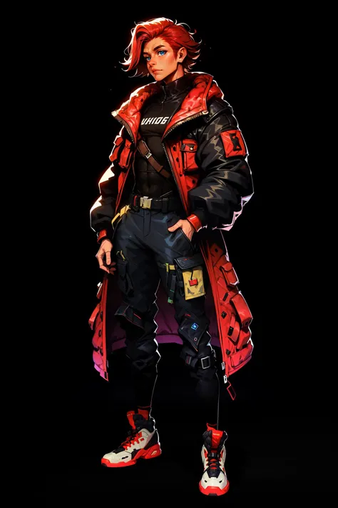 a woman in a red coat and black pants standing in front of a black background